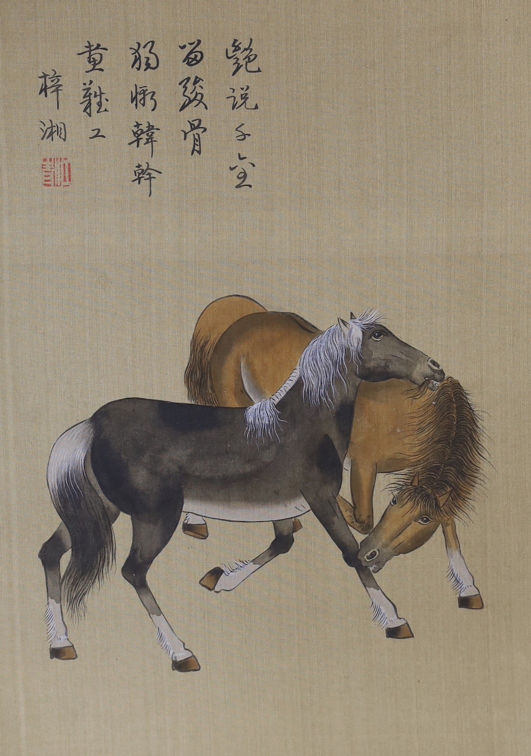 Chinese School, early 20th century, album of 6 paintings on silk of horses, 29 x 21cm